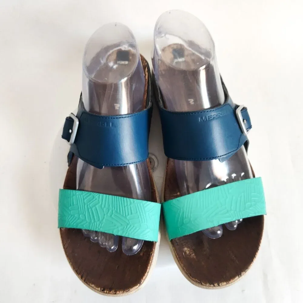 Merrell‎ Comfort Sandals Womens 10 Poseidon Blue Teal Leather Slip On Strappy